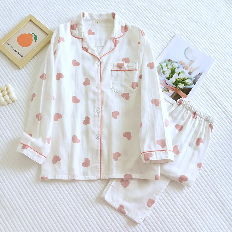 Dames Pyjama Set Lange Mouwen Broek Hartjes