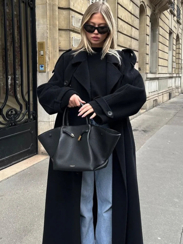 Zwarte Oversized Elegante Wollen Manteljas Dames