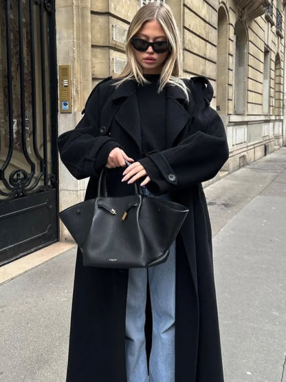 Zwarte Oversized Elegante Wollen Manteljas Dames