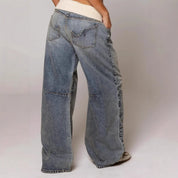 Damskie modne luźne jeansy wide leg z prążkowanym paskiem w talii