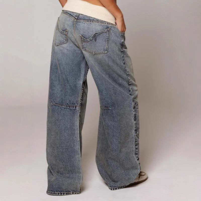 Damskie modne luźne jeansy wide leg z prążkowanym paskiem w talii
