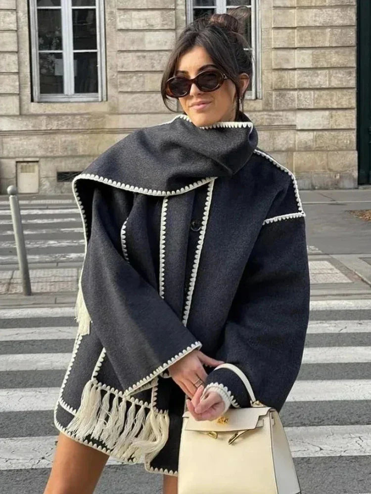 Stijlvolle Warme Oversized Wollen Winterjas met Sjaal en Zakken Dames