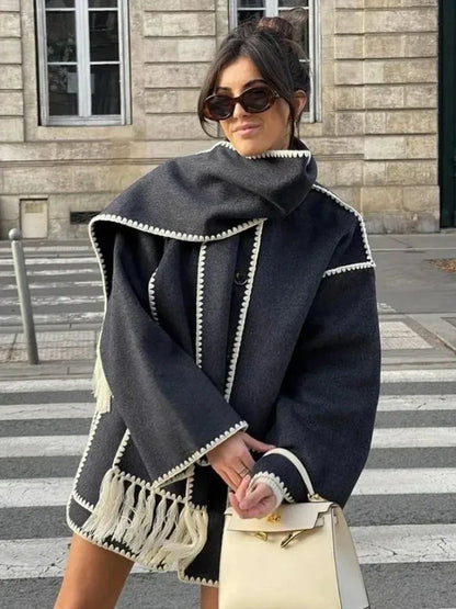 Stijlvolle Warme Oversized Wollen Winterjas met Sjaal en Zakken Dames