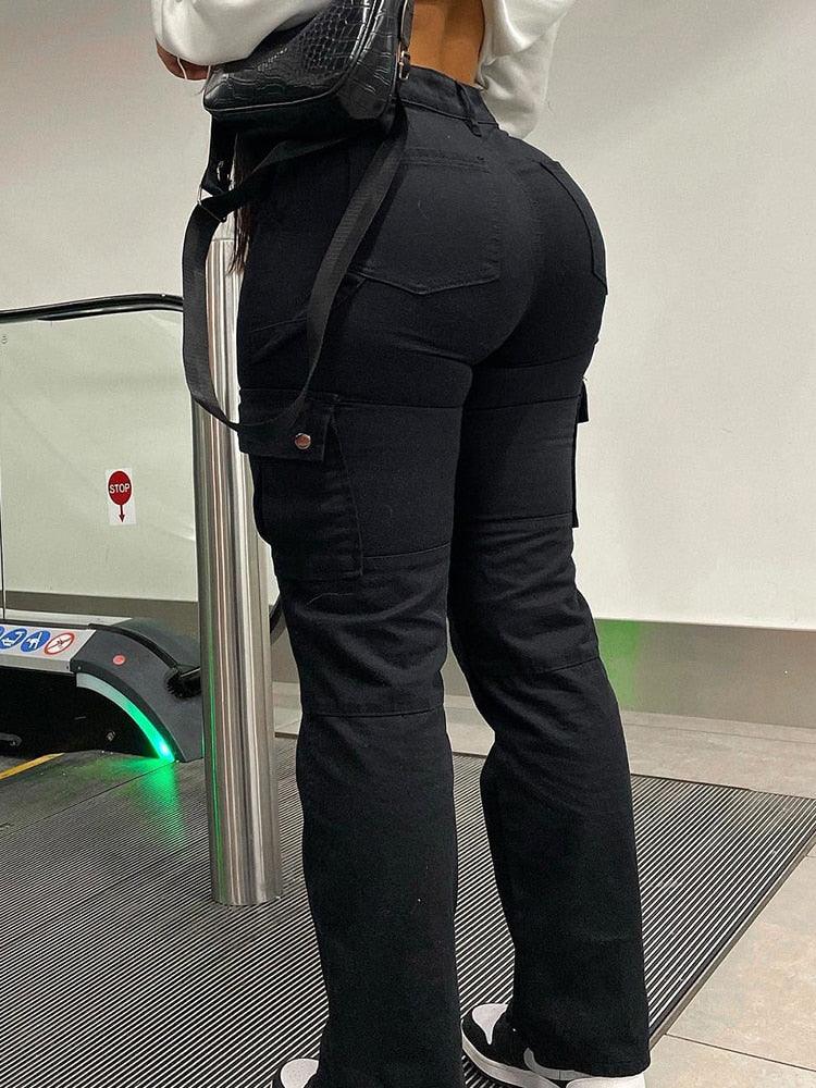 Jean Taille Haute à Pantalon Large avec Poches Cargo pour Femme