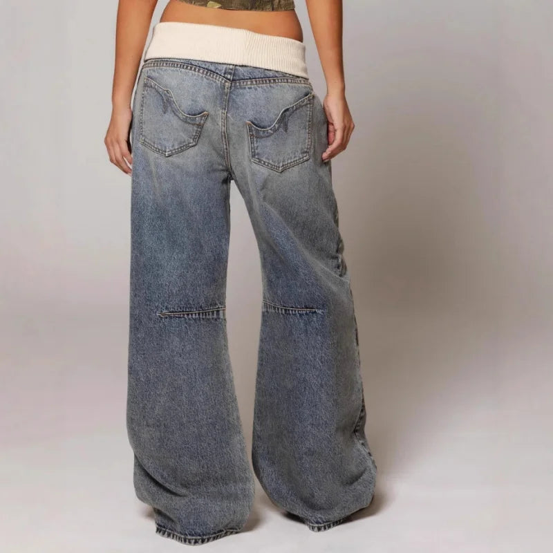 Damskie modne luźne jeansy wide leg z prążkowanym paskiem w talii