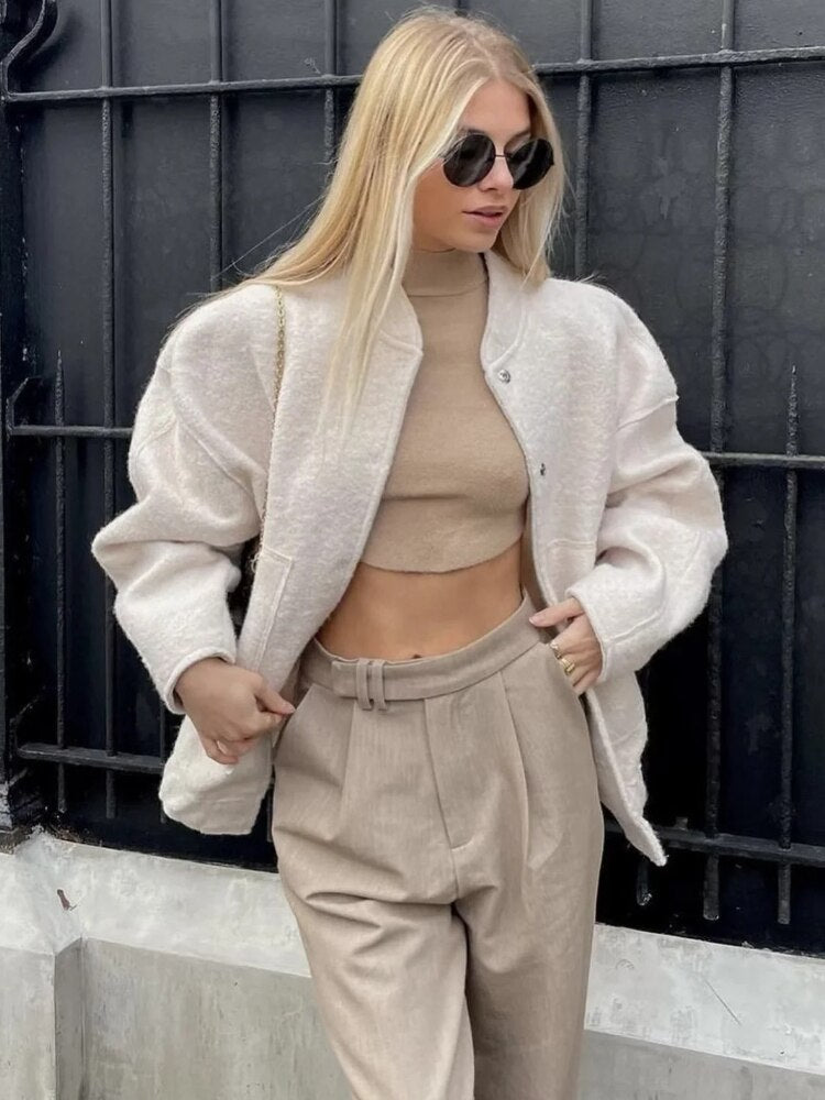 Oversized Wollen Jas Voor Dames Met Ronde Hals En Knoopsluiting