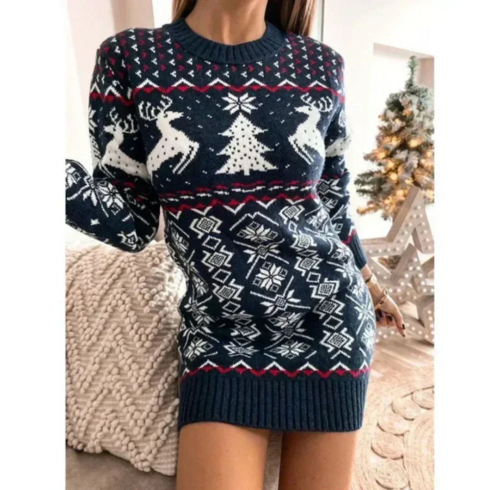 Knitted Christmas Sweater Dress with Reindeer Print, Long Sleeves, Winter, for Women