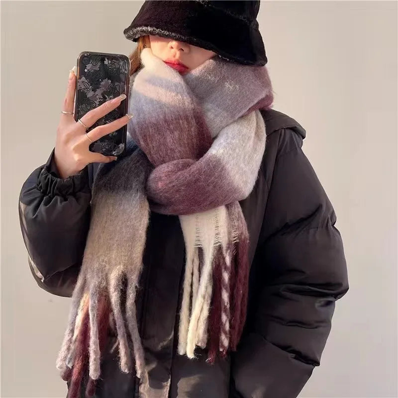 Plaid Winter Scarf with Fringes for Women
