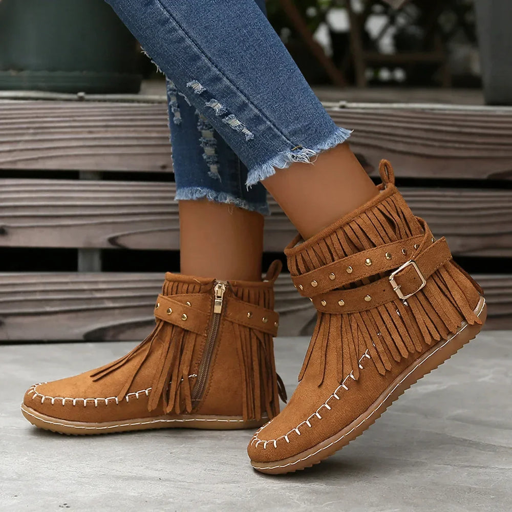 Women's Playful Suede Ankle Boots with Fringes and Studs