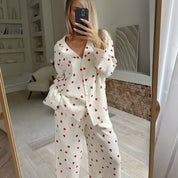 Soft Two-Piece Pajama Set for Women with Heart Print and Button Closure