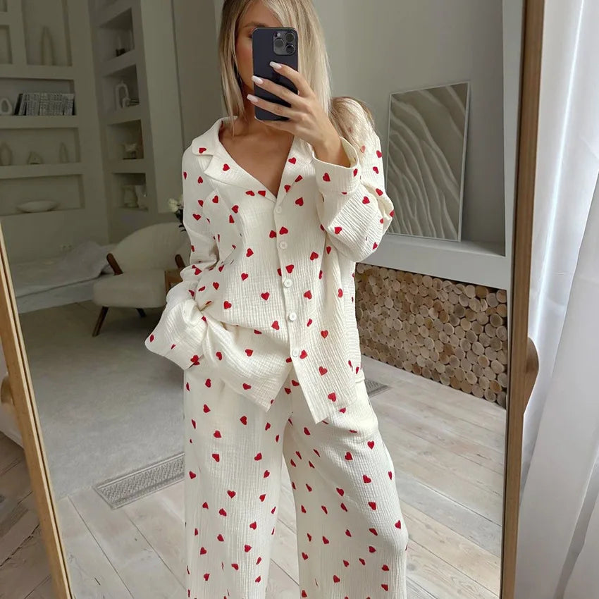Soft Two-Piece Pajama Set for Women with Heart Print and Button Closure