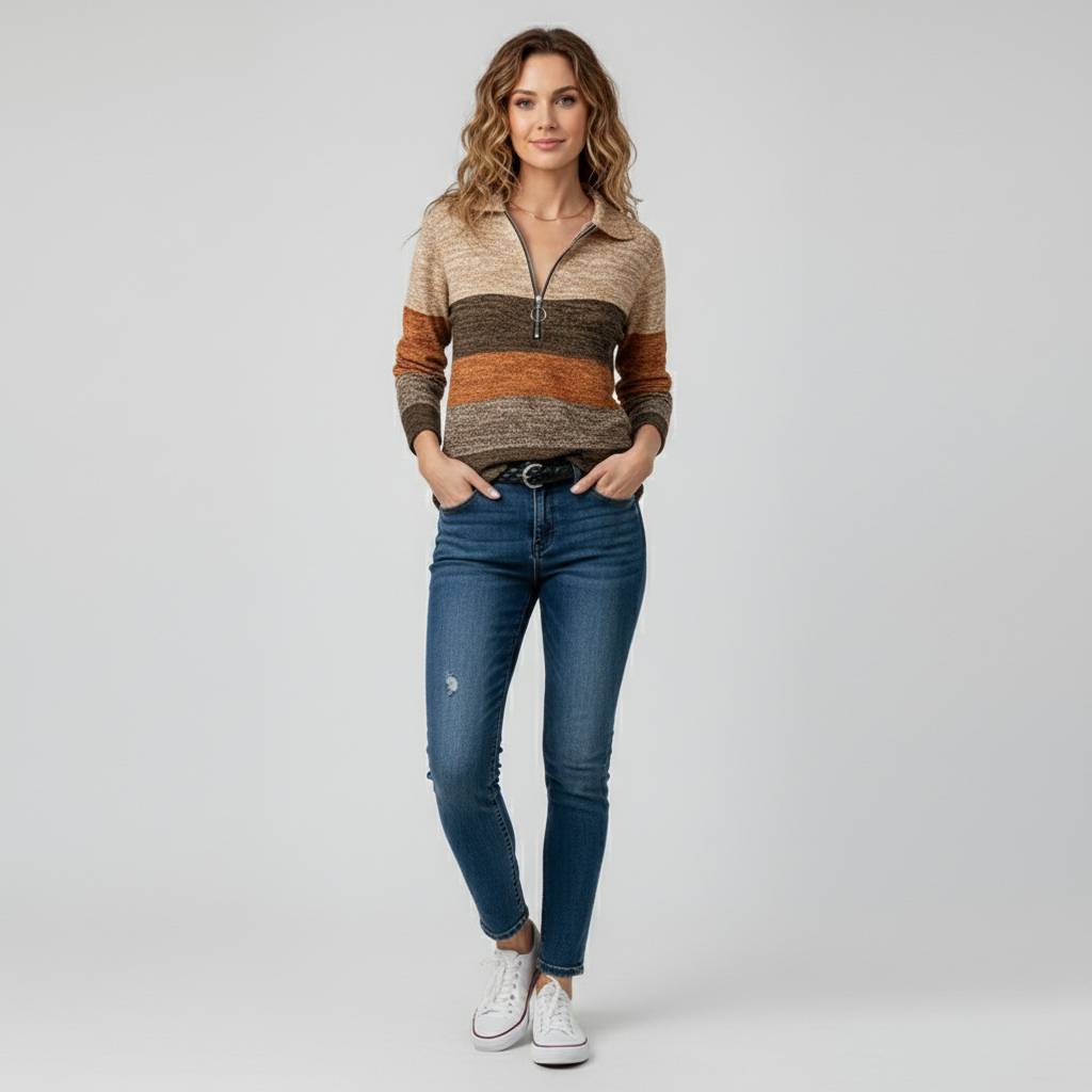 Bruine Half Zip Trui Dames Gestreept Gebreid