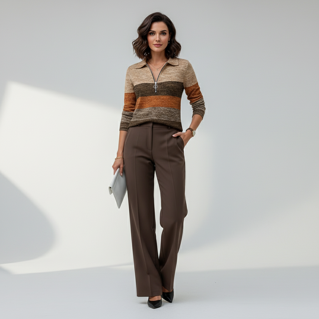 Bruine Half Zip Trui Dames Gestreept Gebreid