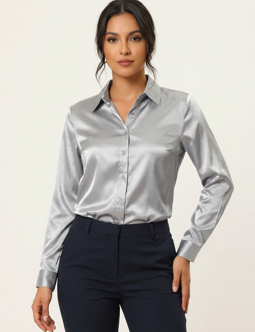 Dames Luxe Satijnen Blouse met Kraag en Knoopsluiting