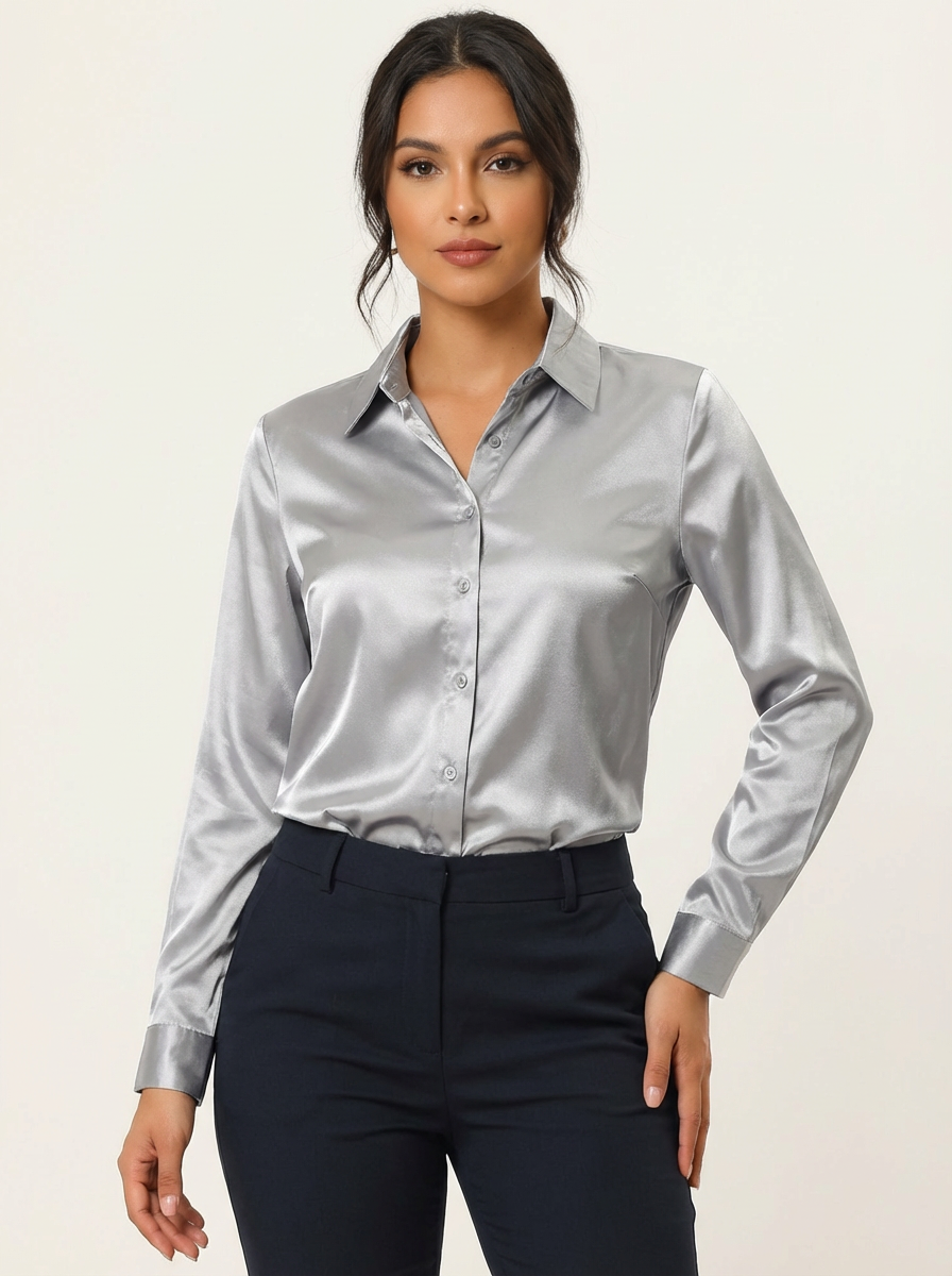 Dames Luxe Satijnen Blouse met Kraag en Knoopsluiting