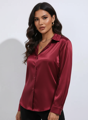 Dames Luxe Satijnen Blouse met Kraag en Knoopsluiting