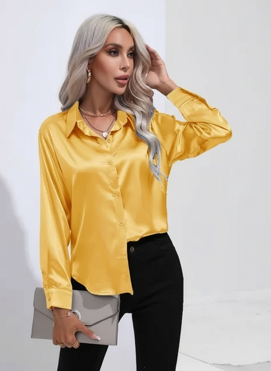 Dames Luxe Satijnen Blouse met Kraag en Knoopsluiting