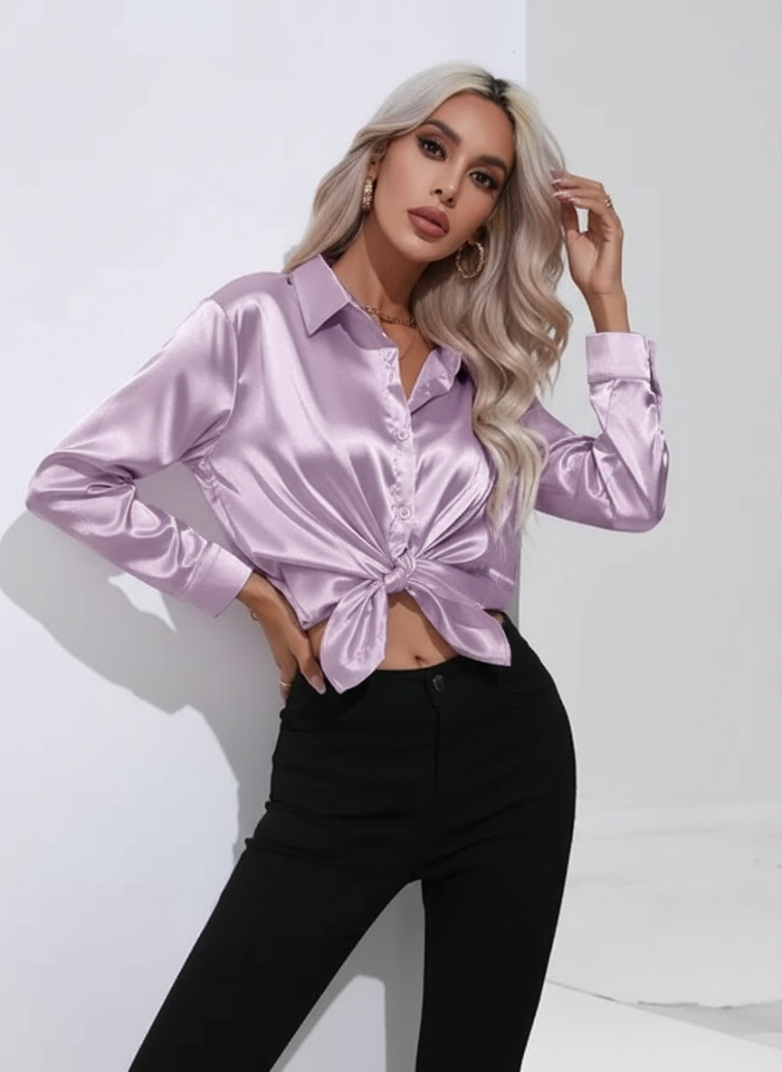 Dames Luxe Satijnen Blouse met Kraag en Knoopsluiting