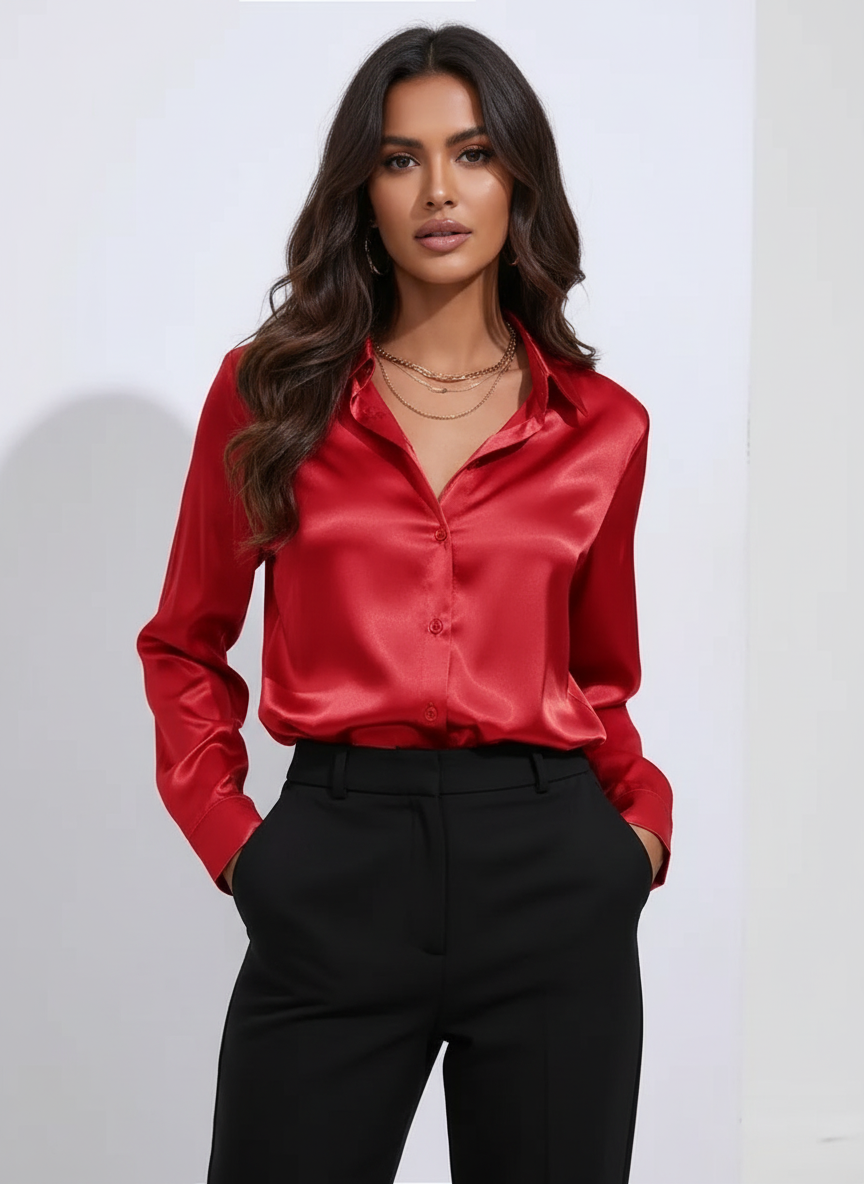 Dames Luxe Satijnen Blouse met Kraag en Knoopsluiting