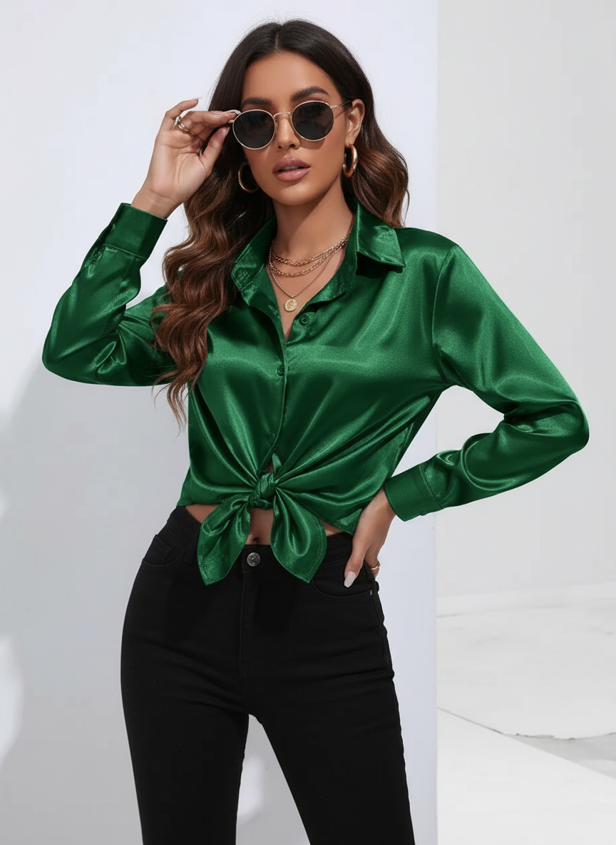 Dames Luxe Satijnen Blouse met Kraag en Knoopsluiting
