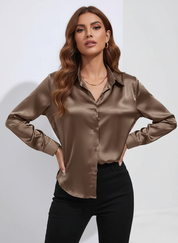 Dames Luxe Satijnen Blouse met Kraag en Knoopsluiting