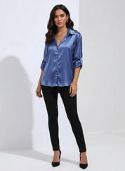 Dames Luxe Satijnen Blouse met Kraag en Knoopsluiting
