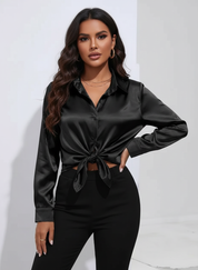 Dames Luxe Satijnen Blouse met Kraag en Knoopsluiting