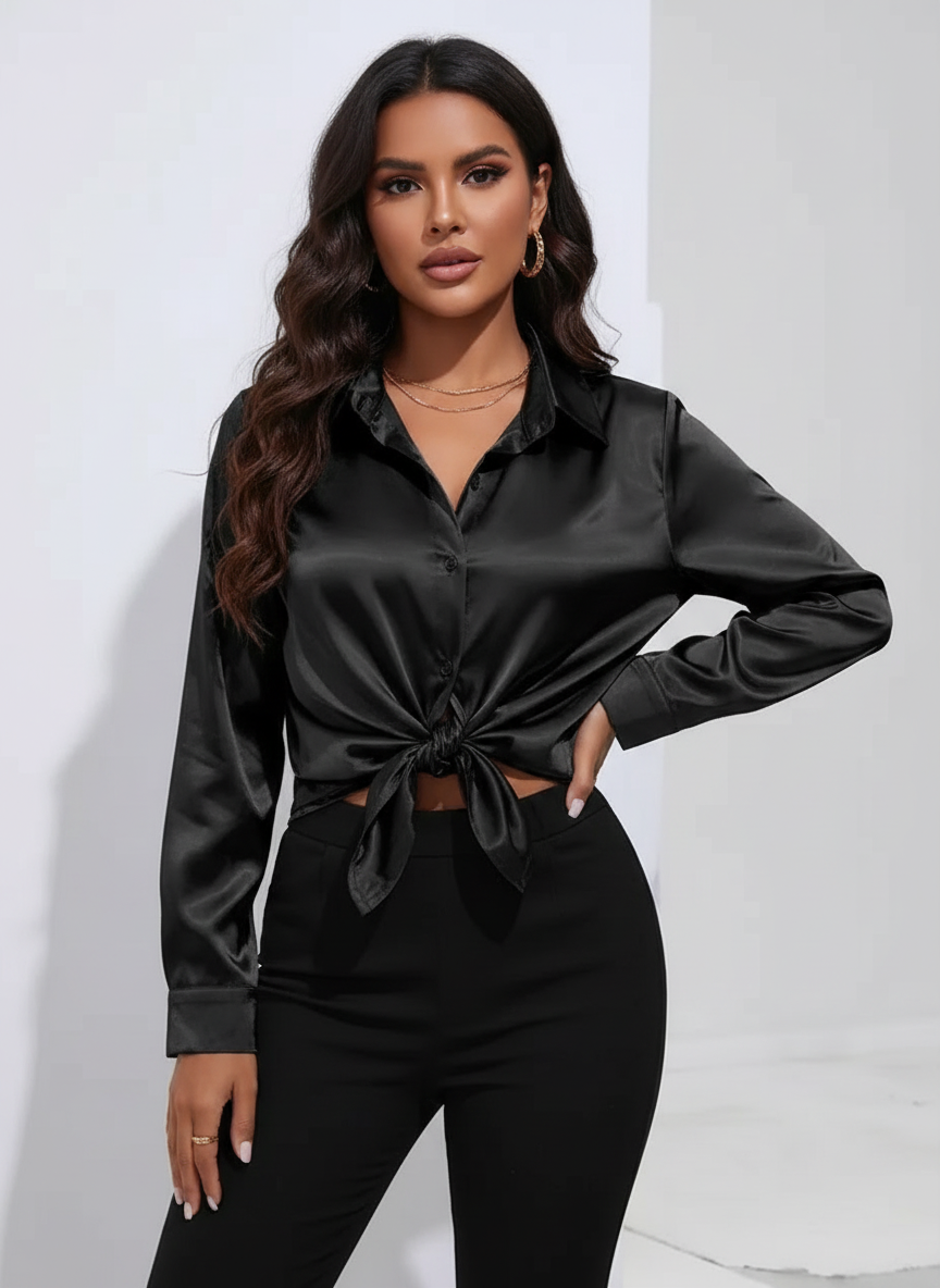 Dames Luxe Satijnen Blouse met Kraag en Knoopsluiting