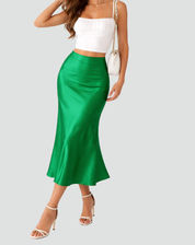 Elegant Satin Look Midi Skirt with High Waist and Smooth Drape