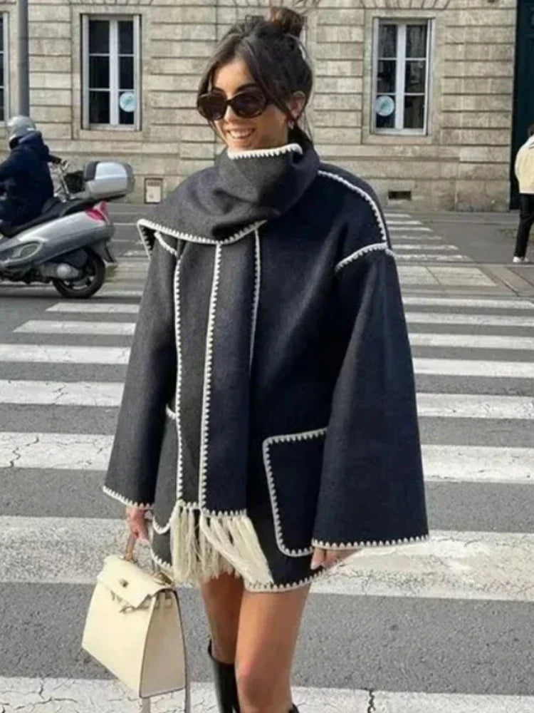 Stijlvolle Warme Oversized Wollen Winterjas met Sjaal en Zakken Dames