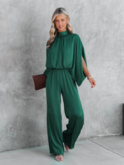 Elegant Wide-Leg Jumpsuit for Women with Cape Sleeves and Waistband
