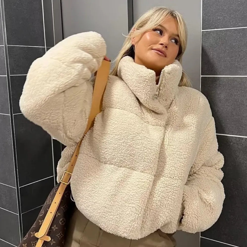 Beige Teddy Bomberjack Zacht Warm met Zakken Dames