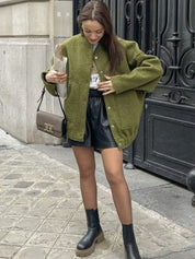 Oversized Wollen Jas Voor Dames Met Ronde Hals En Knoopsluiting