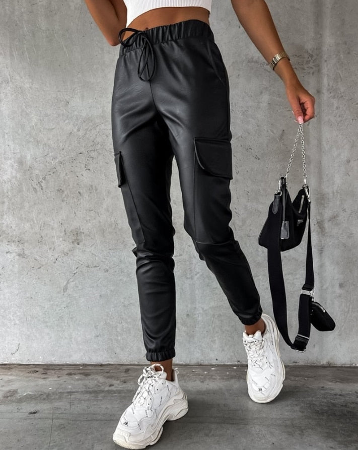 Zwarte Leerlook Cargo Broek Voor Vrouwen Hoge Taille Elastische Boorden