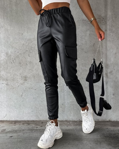 Zwarte Leerlook Cargo Broek Voor Vrouwen Hoge Taille Elastische Boorden