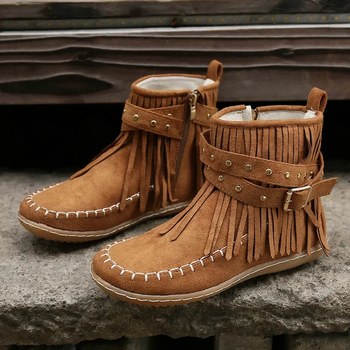Women's Playful Suede Ankle Boots with Fringes and Studs