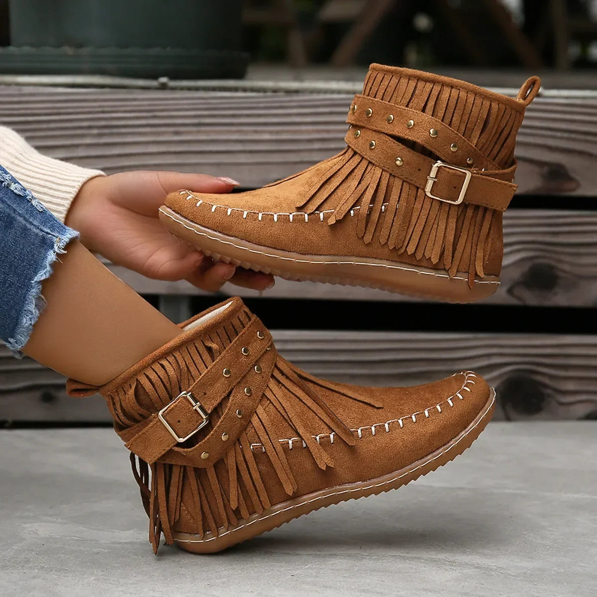 Women's Playful Suede Ankle Boots with Fringes and Studs