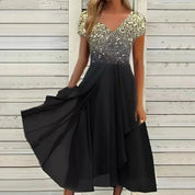 Midi Dress with Floral Print and V-Neck
