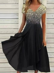 Luxury Glitter Women’s Midi Dress with V-Neck and Short Sleeves