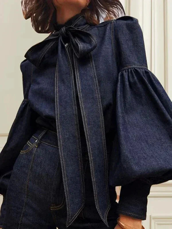 Chemisier en denim stylé pour femme avec nœud et manches bouffantes