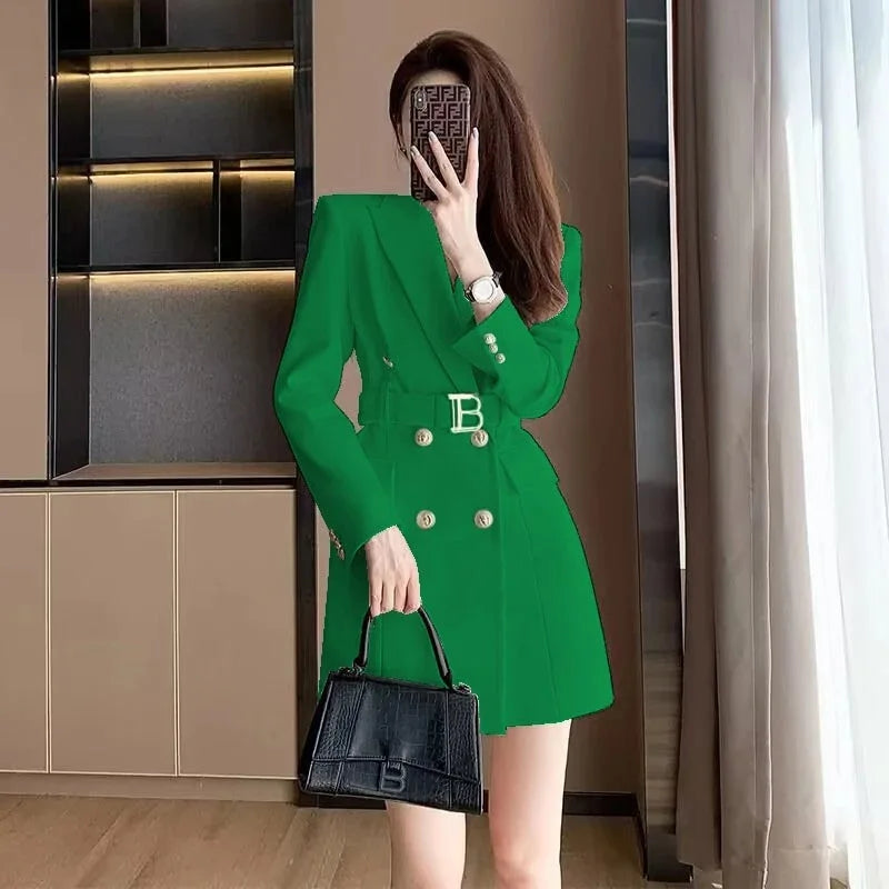 Elegant Double-Breasted Blazer Dress For Women With Belt