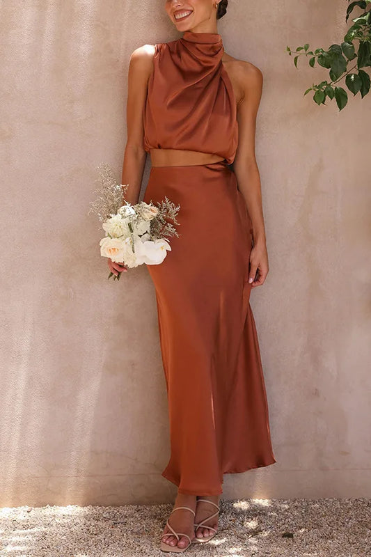 Leila - Satijnen halter maxi jurk