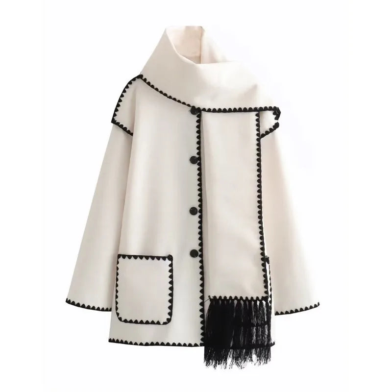 Stijlvolle Warme Oversized Wollen Winterjas met Sjaal en Zakken Dames