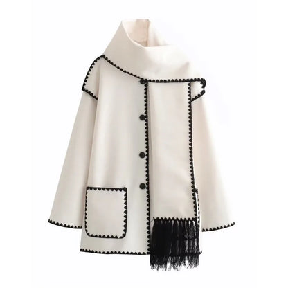 Stijlvolle Warme Oversized Wollen Winterjas met Sjaal en Zakken Dames