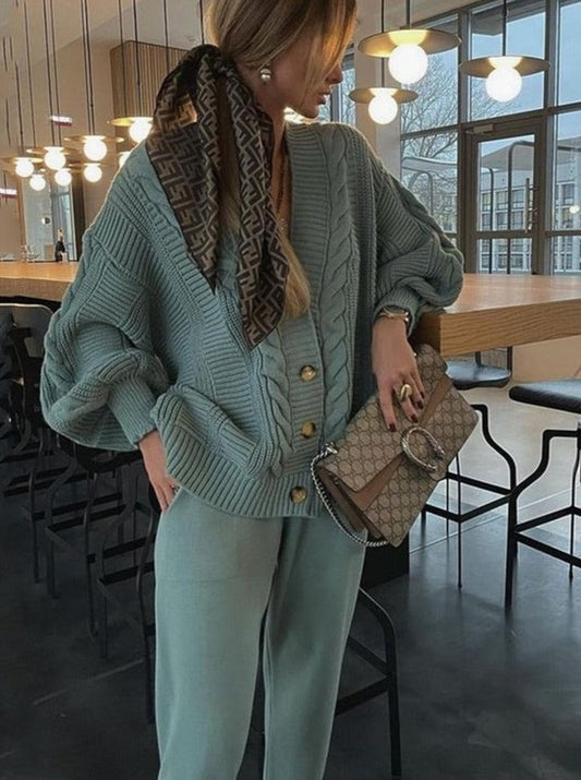 Gebreide Dames Tweedelige Set met Cardigan en Comfortbroek