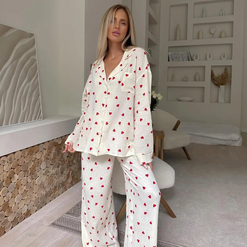 Soft Two-Piece Pajama Set for Women with Heart Print and Button Closure