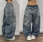 Unisex Retro Baggy Cargo Jeans Met Wijde Pijpen En Zakken