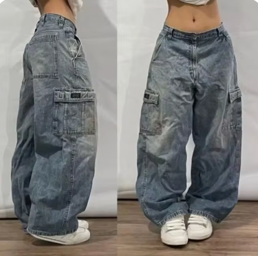 Unisex Retro Baggy Cargo Jeans Met Wijde Pijpen En Zakken