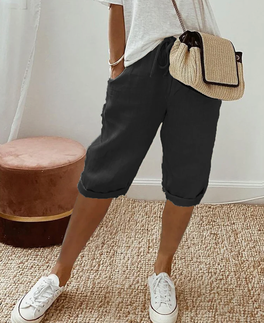 Letnie lniane spodnie capri z troczkiem dla kobiet