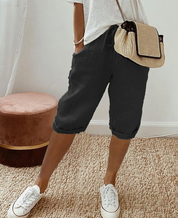 Letnie lniane spodnie capri z troczkiem dla kobiet